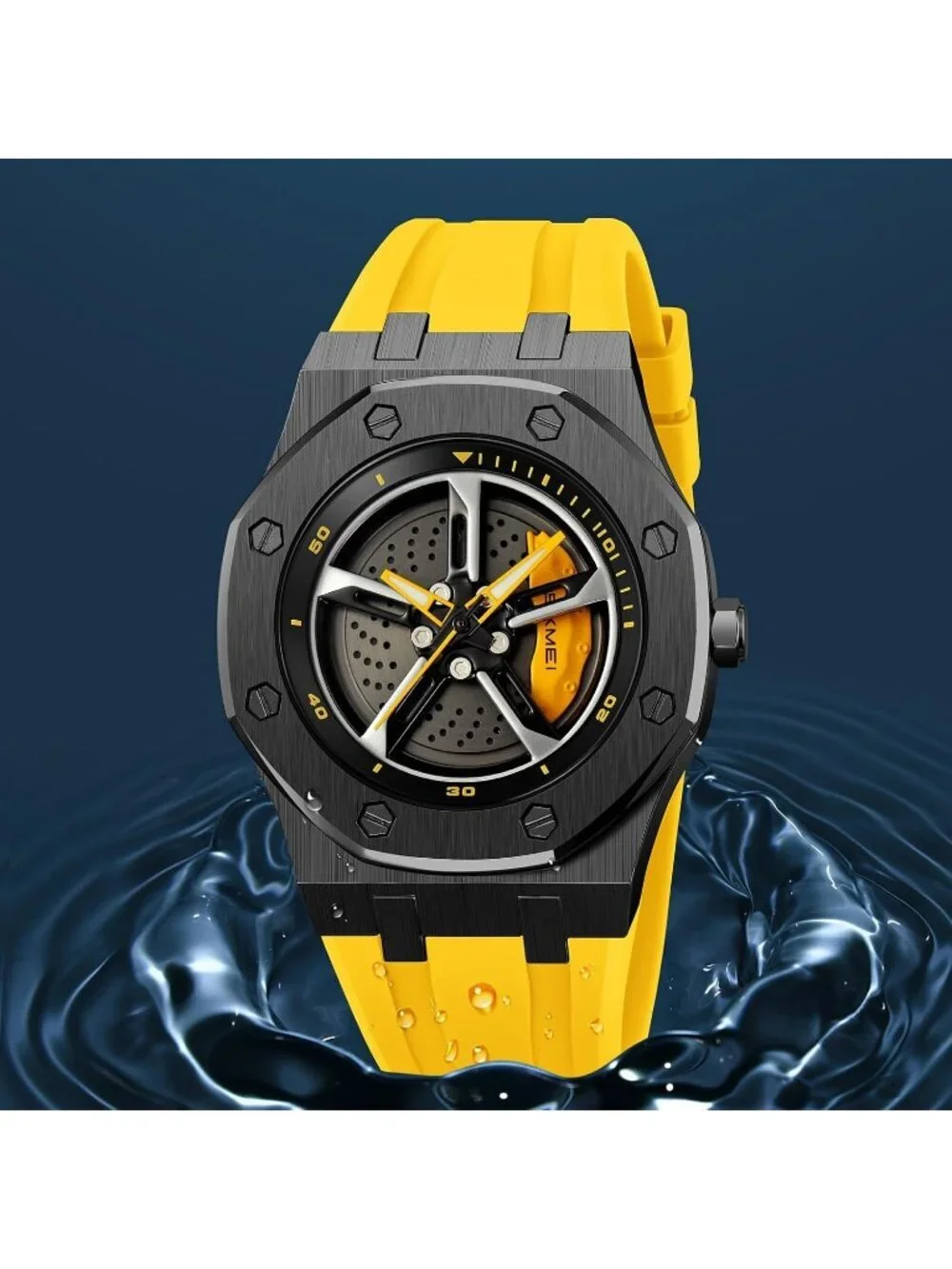 Men's Yellow Analog 3D Spinning Car Wheel Rotating Design Stainless Steel Watch